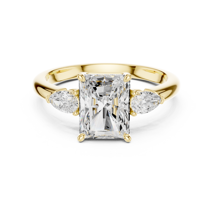 Radiant Cut Diamond Three Stone Ring with Pear Side Diamonds