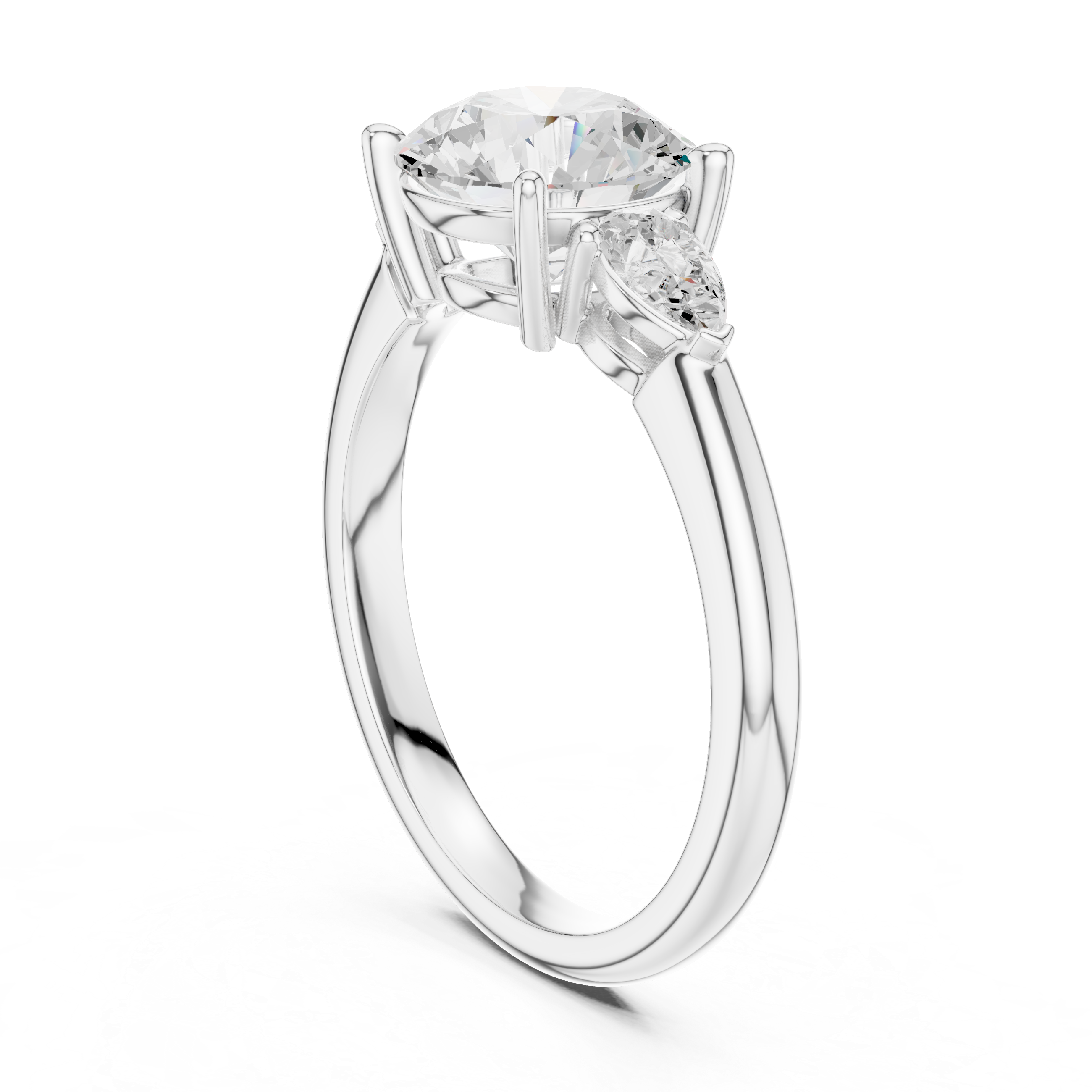 Round Cut Diamond Three Stone Engagement Ring with Pear Side Diamonds