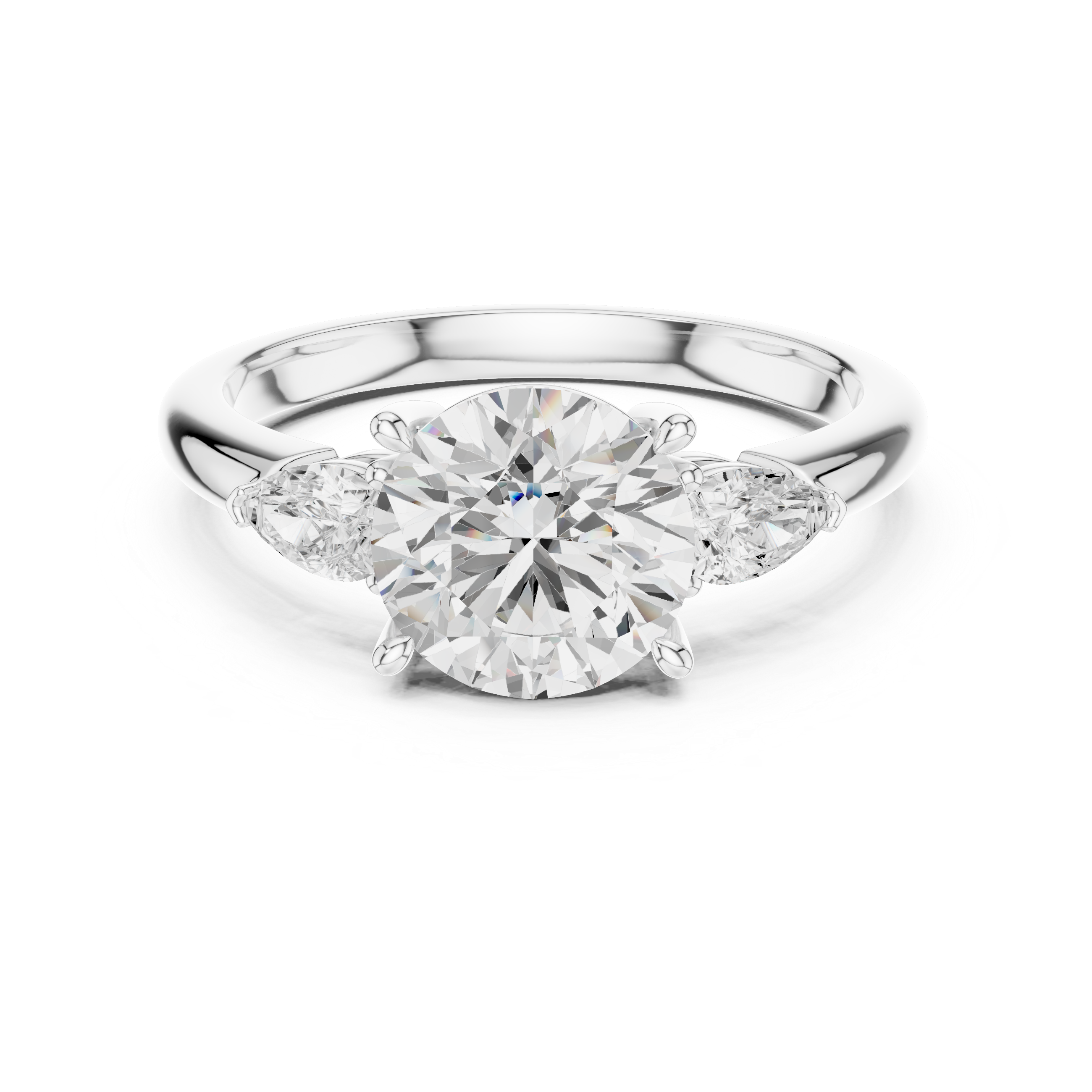 Round Cut Diamond Three Stone Engagement Ring with Pear Side Diamonds