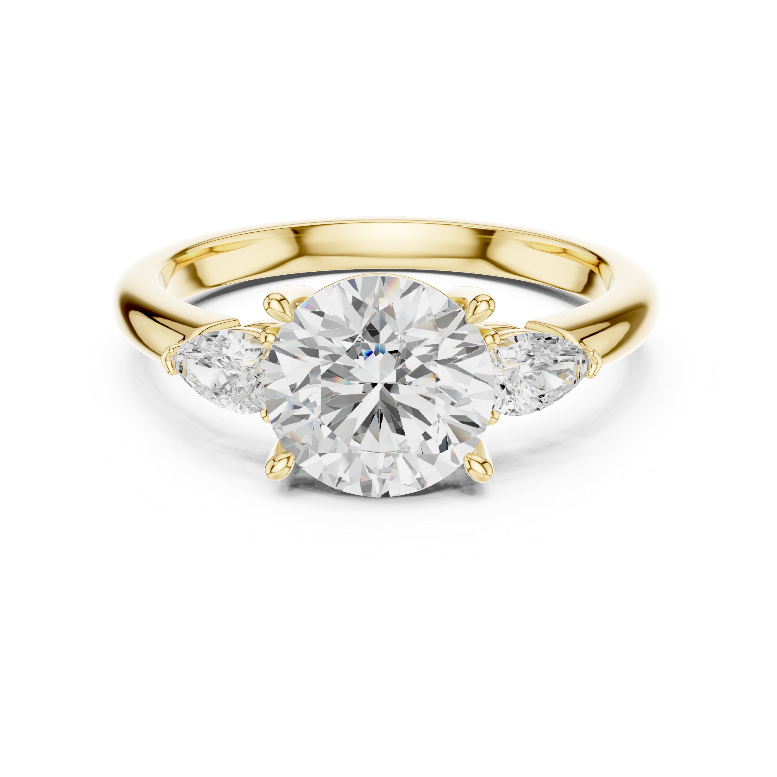Round Cut Diamond Three Stone Engagement Ring with Pear Side Diamonds