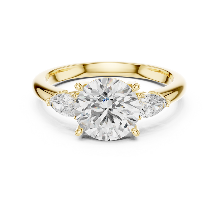 Round Cut Diamond Three Stone Engagement Ring with Pear Side Diamonds