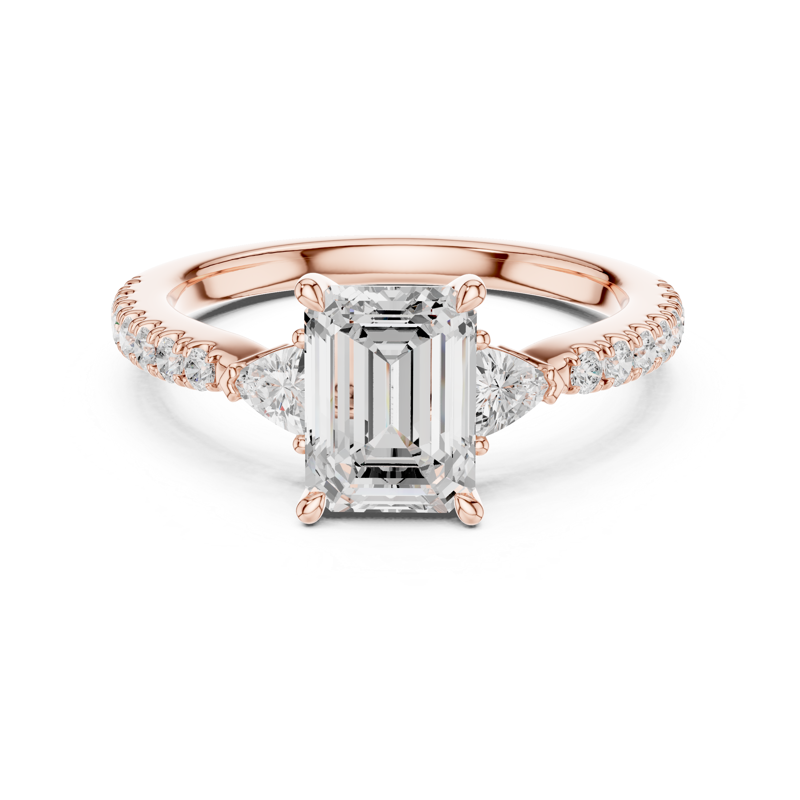 Sparkling Emerald Cut Diamond Three Stone Engagement Ring with Trillion Side Diamonds close-up accent detail