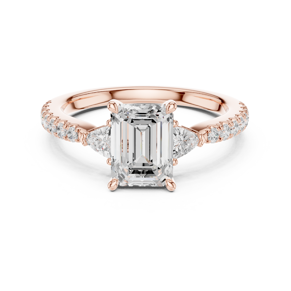 Sparkling Emerald Cut Diamond Three Stone Engagement Ring with Trillion Side Diamonds close-up accent detail