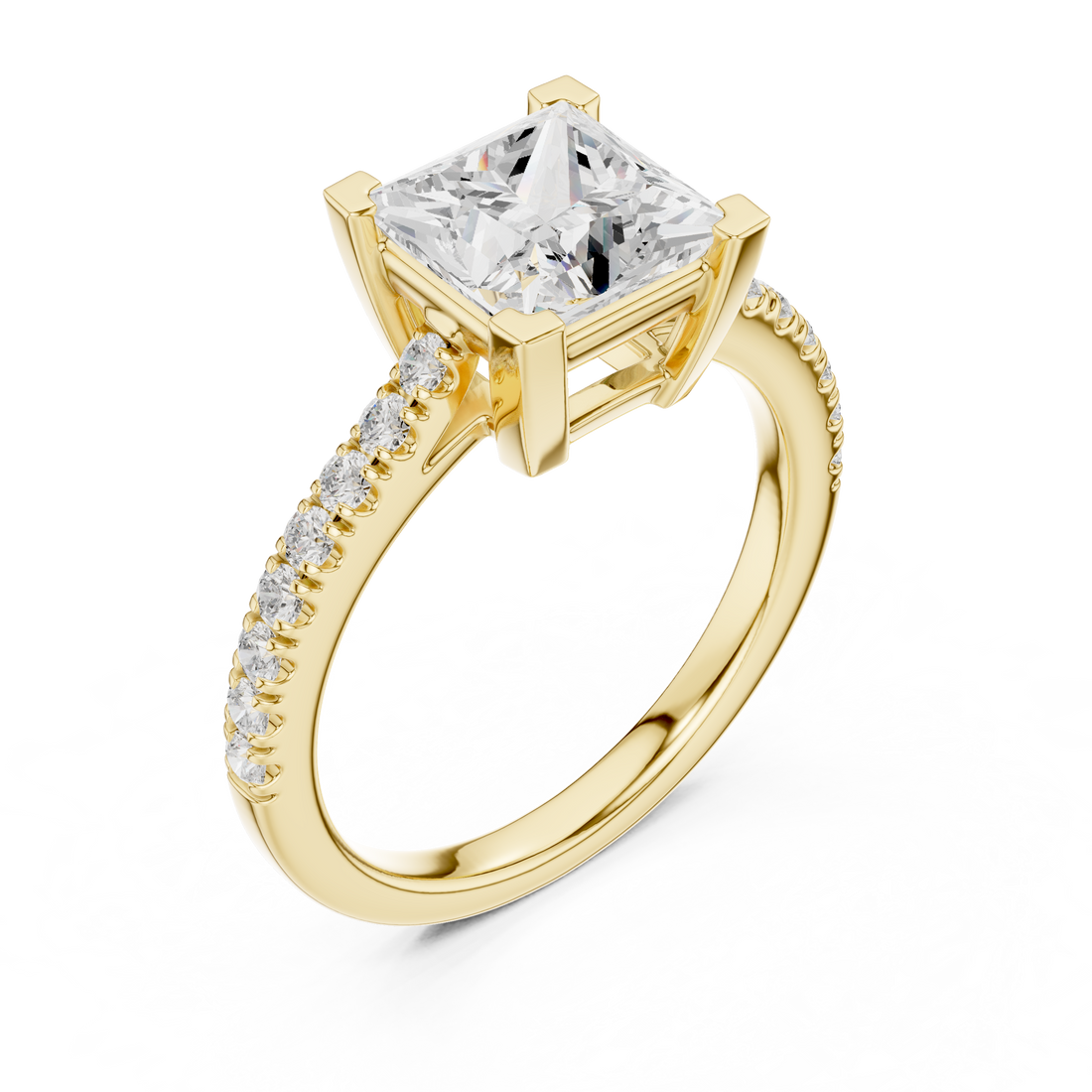 Elegant princess-cut diamond engagement ring with brilliant center stone and slim polished gold band.
