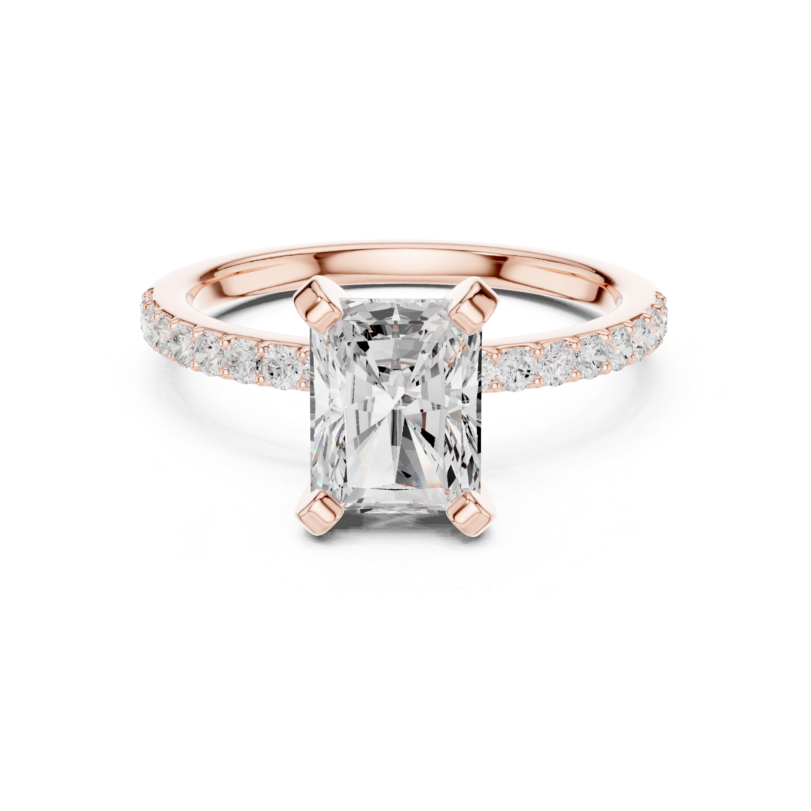 Sparkling Radiant Cut Diamond Engagement Ring with Pavé Round Diamond Band close-up accent detail