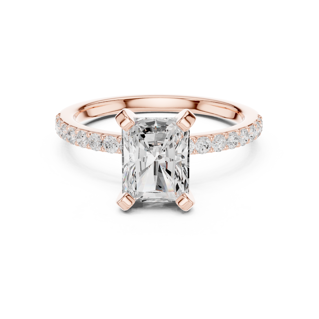 Sparkling Radiant Cut Diamond Engagement Ring with Pavé Round Diamond Band close-up accent detail