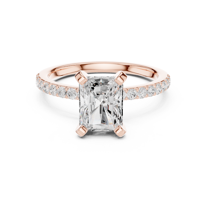 Sparkling Radiant Cut Diamond Engagement Ring with Pavé Round Diamond Band close-up accent detail