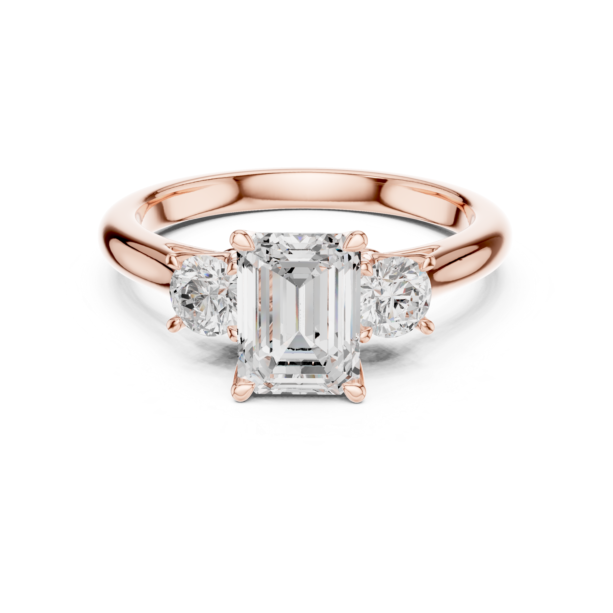 Sparkling Emerald Cut Diamond Three Stone Engagement Ring with Round Side Diamonds close-up accent detail