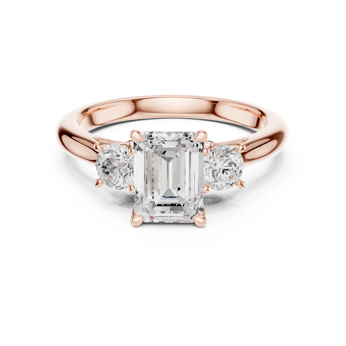 Sparkling Emerald Cut Diamond Three Stone Engagement Ring with Round Side Diamonds close-up accent detail