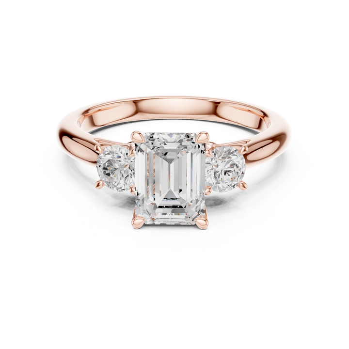Sparkling Emerald Cut Diamond Three Stone Engagement Ring with Round Side Diamonds close-up accent detail