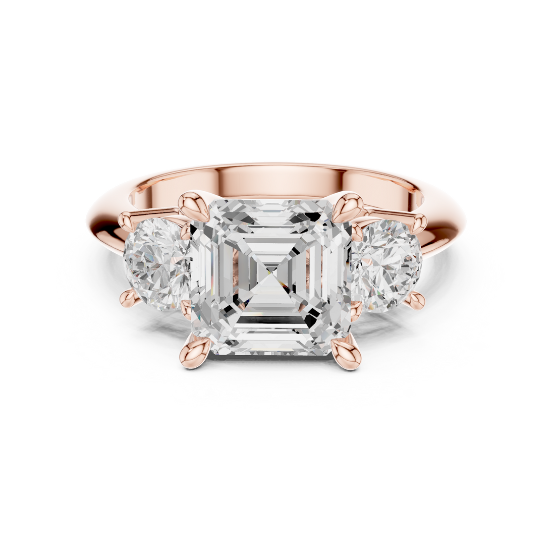 Sparkling Asscher Cut Diamond Three Stone Engagement Ring with Round Side Diamonds close-up accent detail