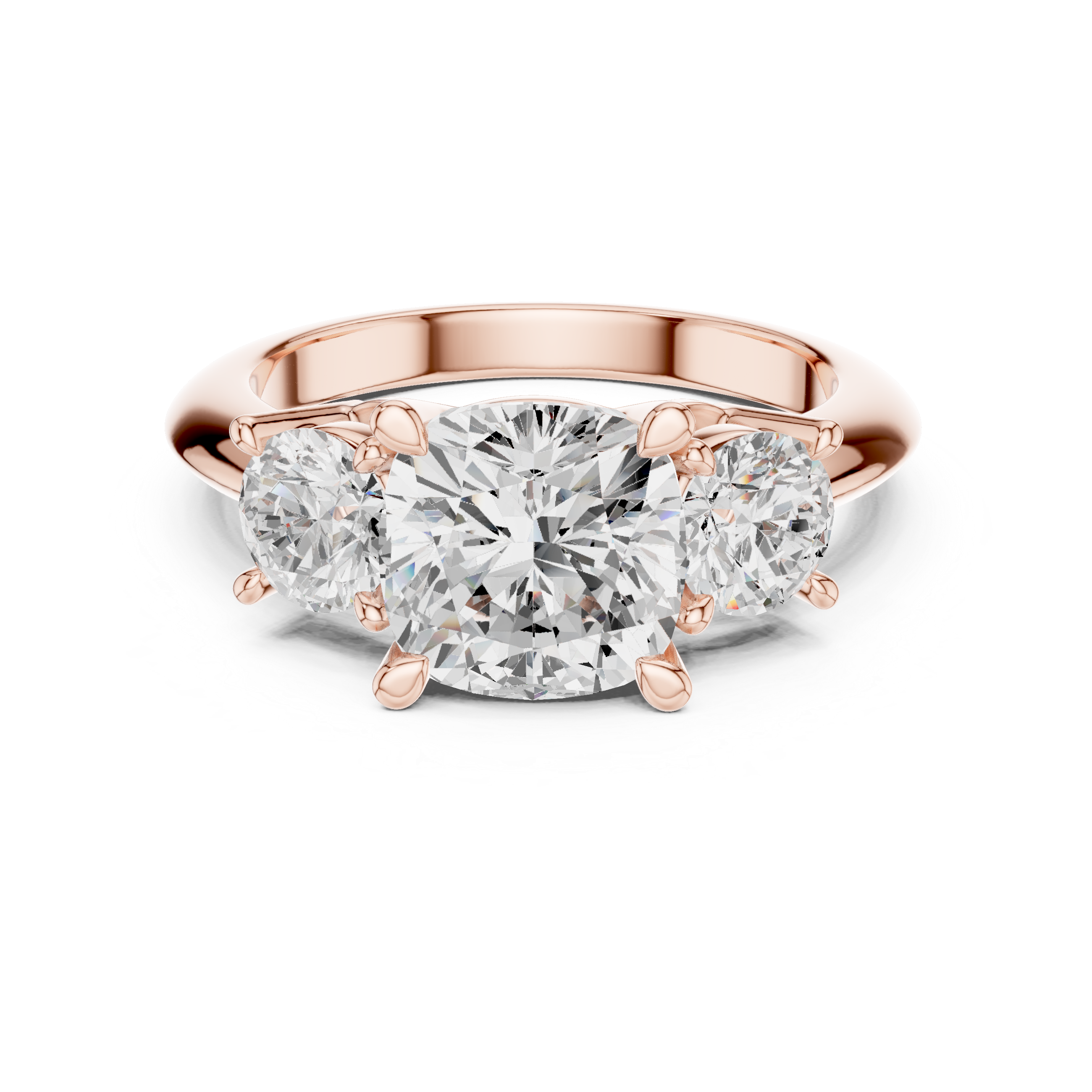Sparkling Cushion Cut Diamond Three Stone Engagement Ring with Round Side Diamonds close-up accent detail