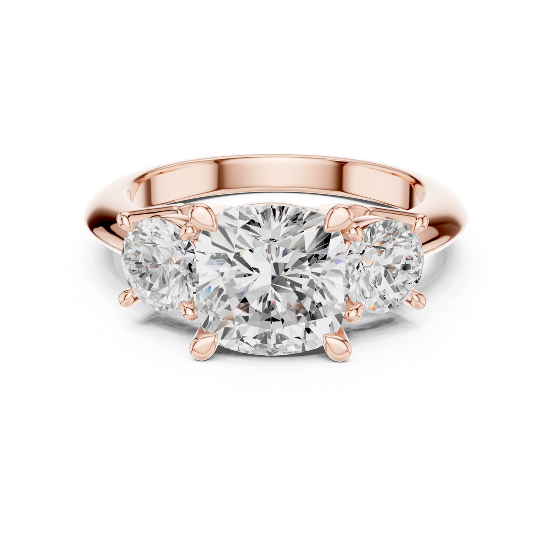 Sparkling Cushion Cut Diamond Three Stone Engagement Ring with Round Side Diamonds close-up accent detail