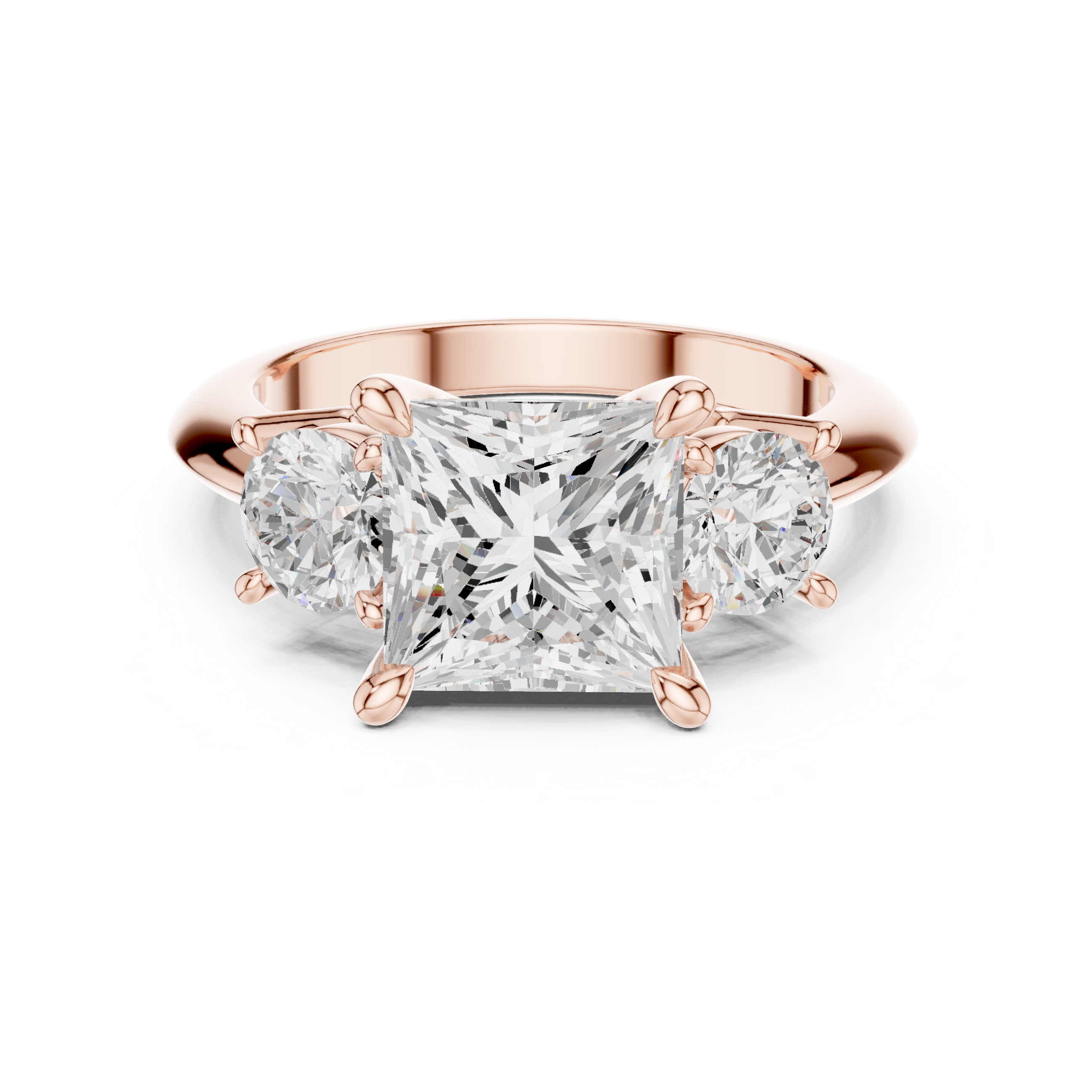 Sparkling Princess Cut Diamond Three Stone Engagement Ring with Round Side Diamonds close-up accent detail