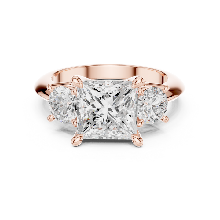 Sparkling Princess Cut Diamond Three Stone Engagement Ring with Round Side Diamonds close-up accent detail