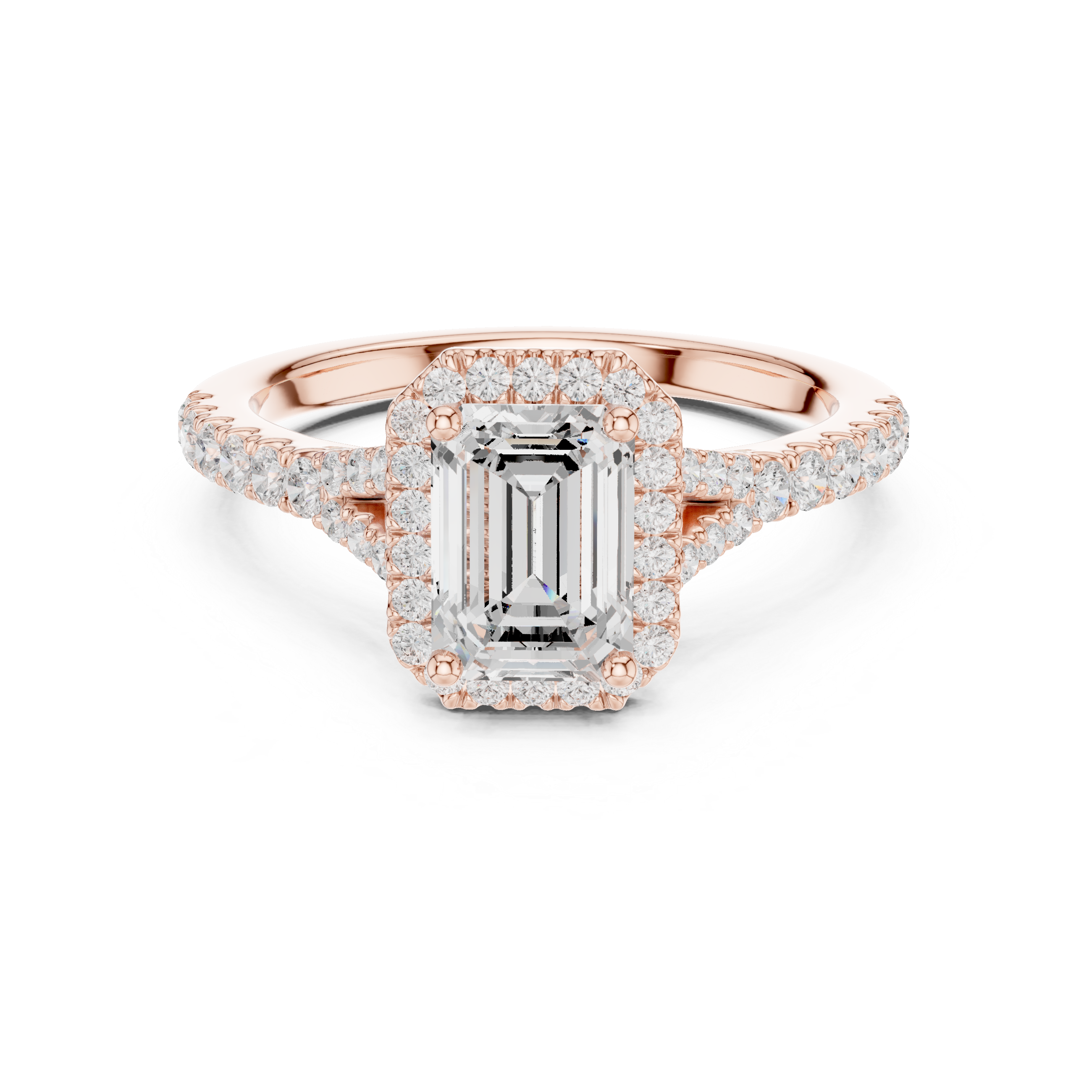 Sparkling Emerald Cut Diamond Halo Split Shank Pavé Engagement Ring close-up accent detail