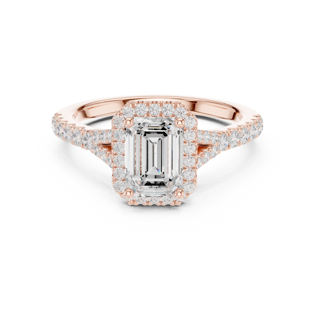 Sparkling Emerald Cut Diamond Halo Split Shank Pavé Engagement Ring close-up accent detail