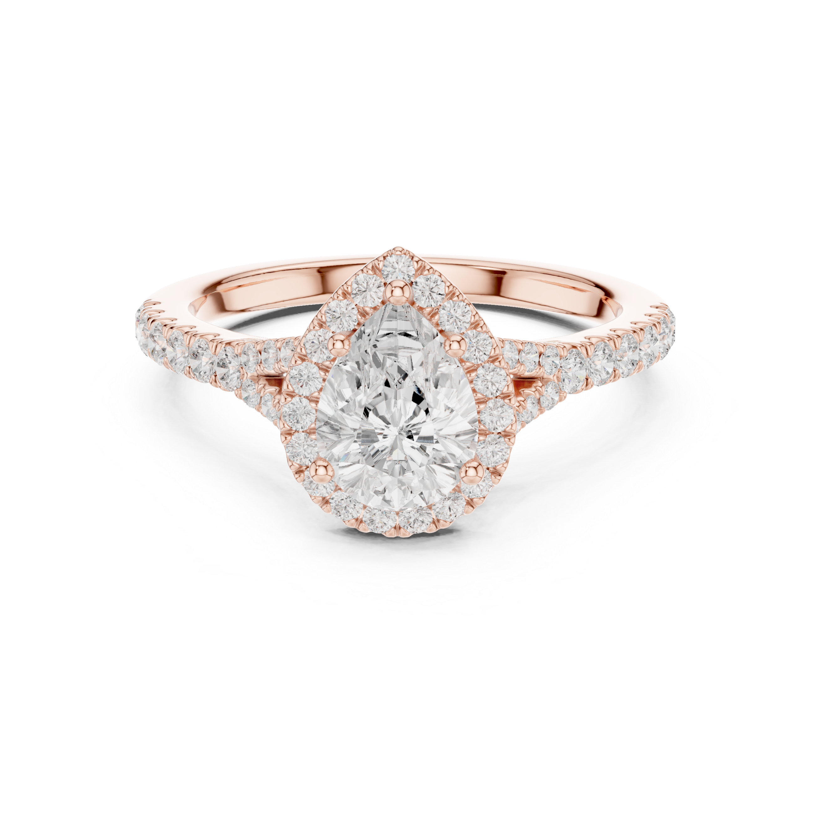 Sparkling Pear Cut Diamond Halo Engagement Ring with Pavé Band close-up accent detail