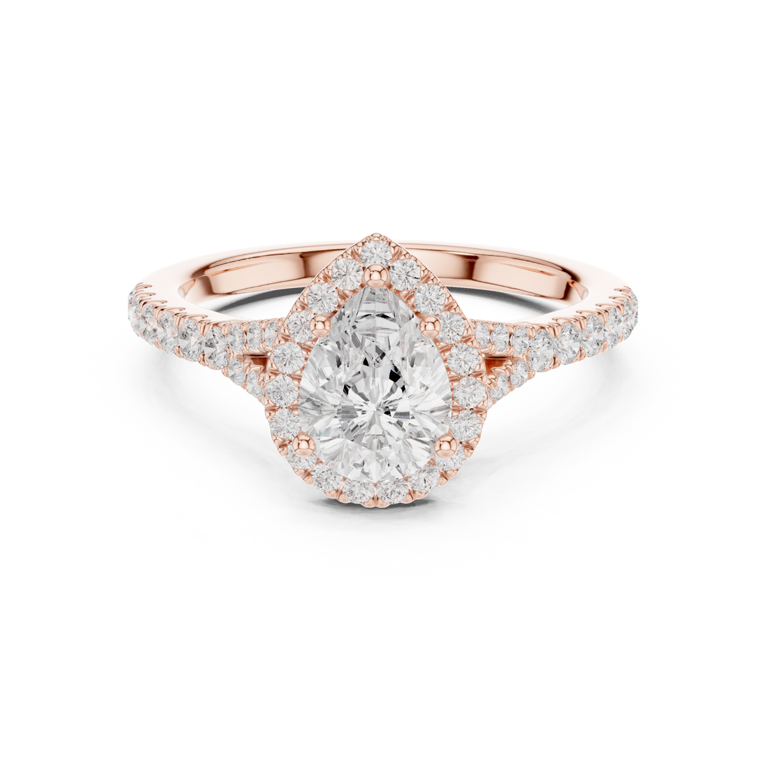 Sparkling Pear Cut Diamond Halo Engagement Ring with Pavé Band close-up accent detail