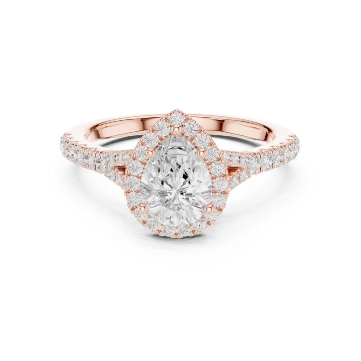 Sparkling Pear Cut Diamond Halo Engagement Ring with Pavé Band close-up accent detail