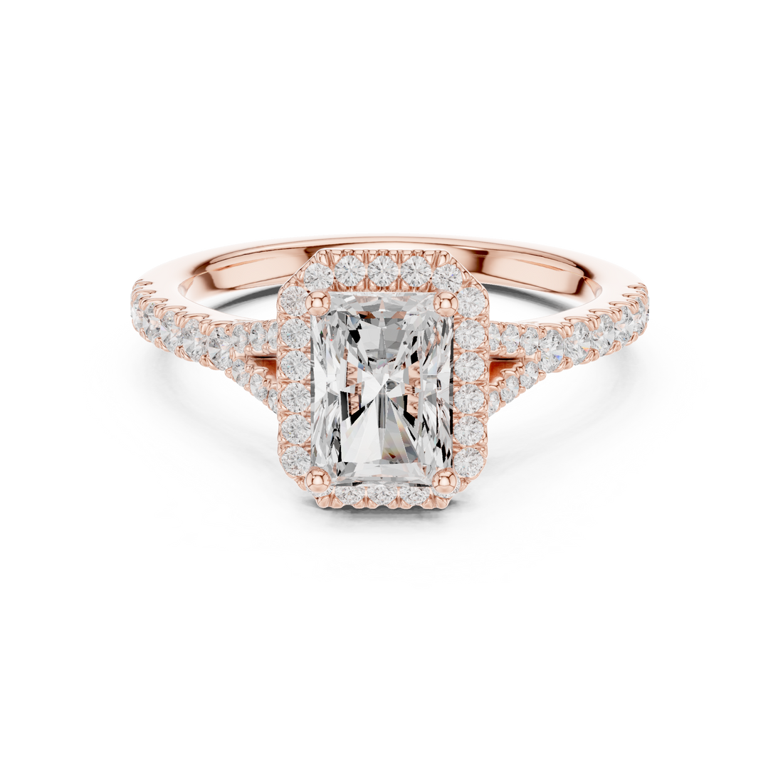 Sparkling Radiant Cut Diamond Halo Engagement Ring with Split Shank Pavé Band close-up accent detail