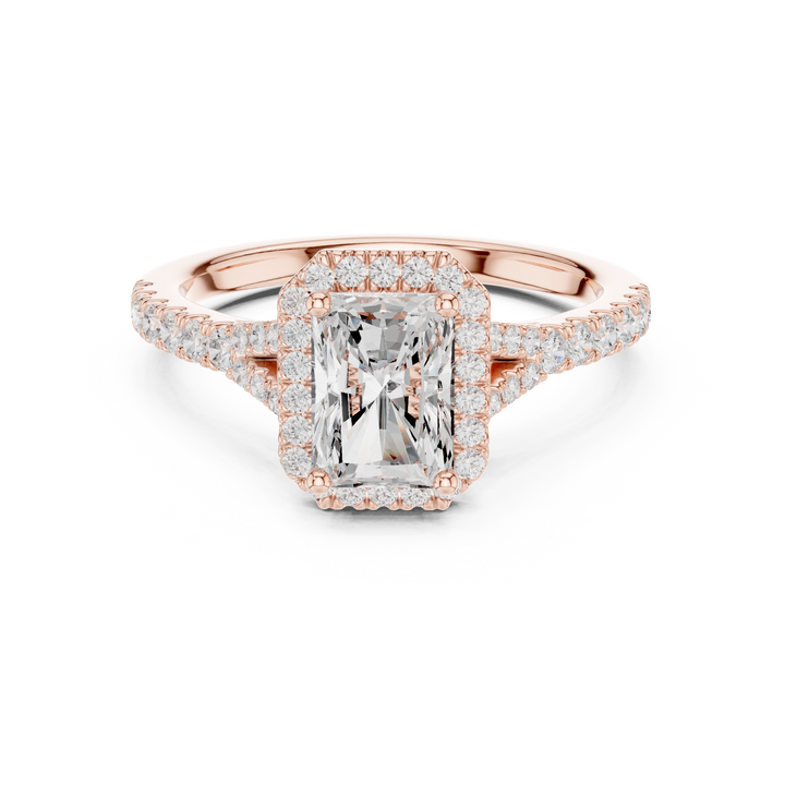 Sparkling Radiant Cut Diamond Halo Engagement Ring with Split Shank Pavé Band close-up accent detail