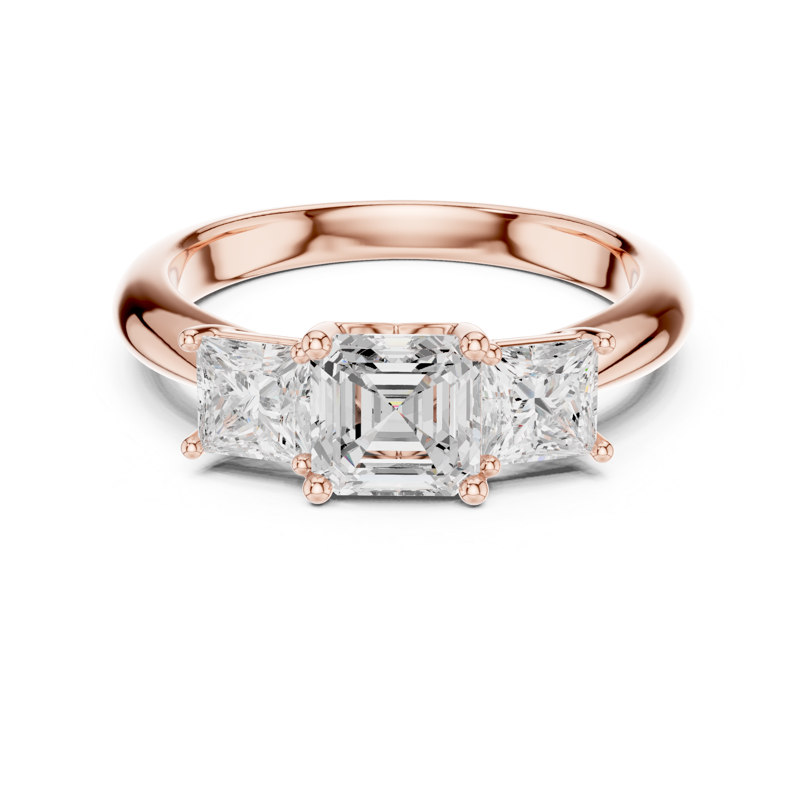 Timeless Asscher Cut Diamond Three Stone Ring with Princess Side Diamonds accent stones classic look