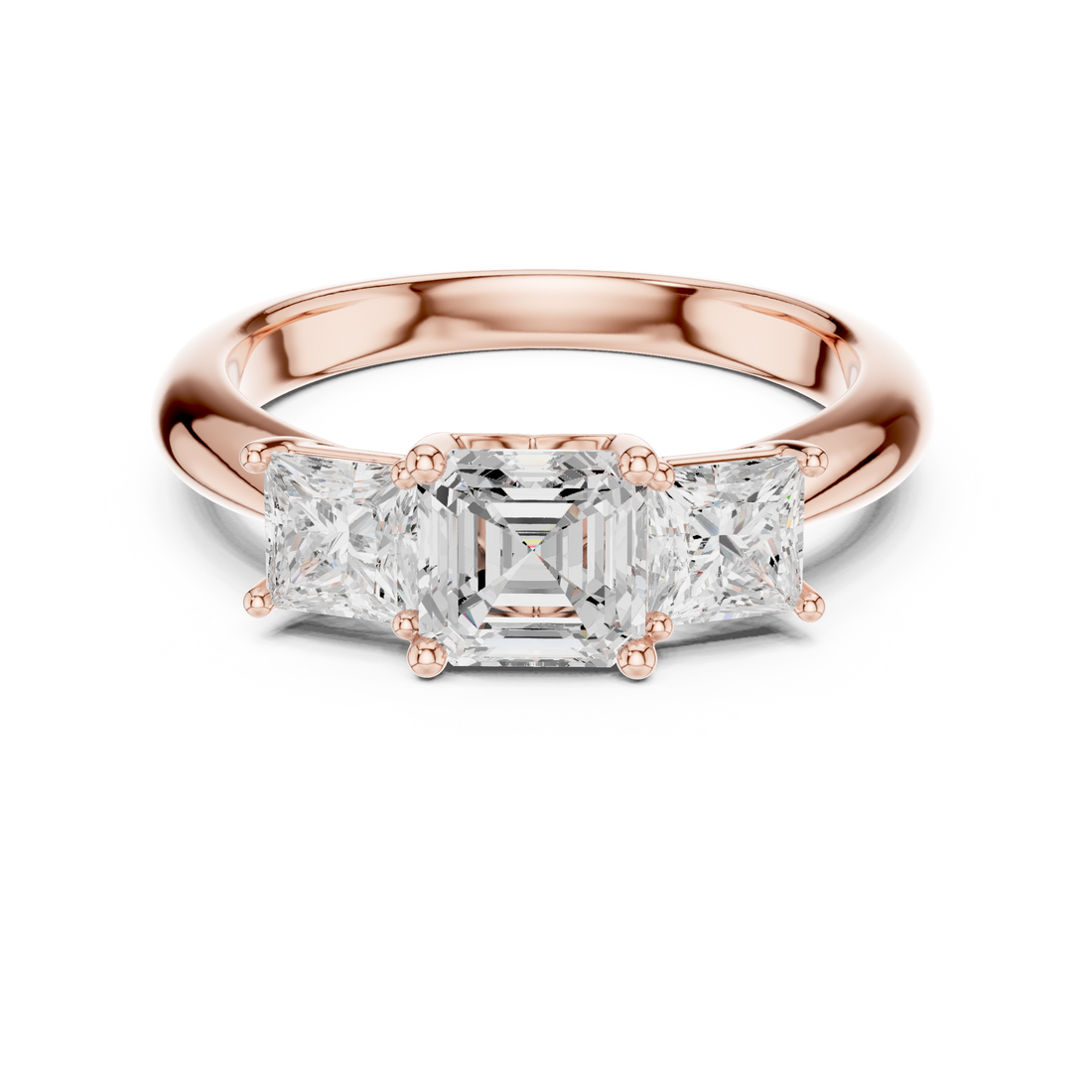 Timeless Asscher Cut Diamond Three Stone Ring with Princess Side Diamonds accent stones classic look