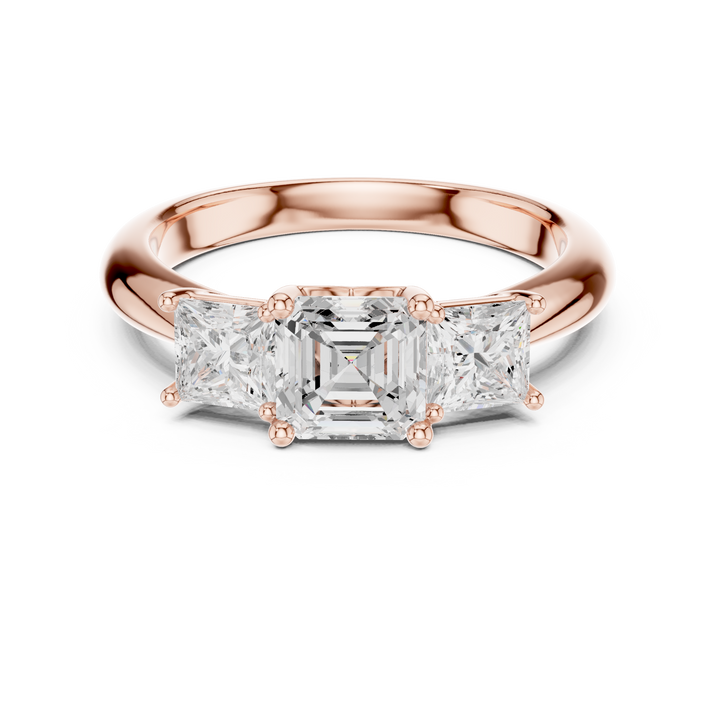 Timeless Asscher Cut Diamond Three Stone Ring with Princess Side Diamonds accent stones classic look
