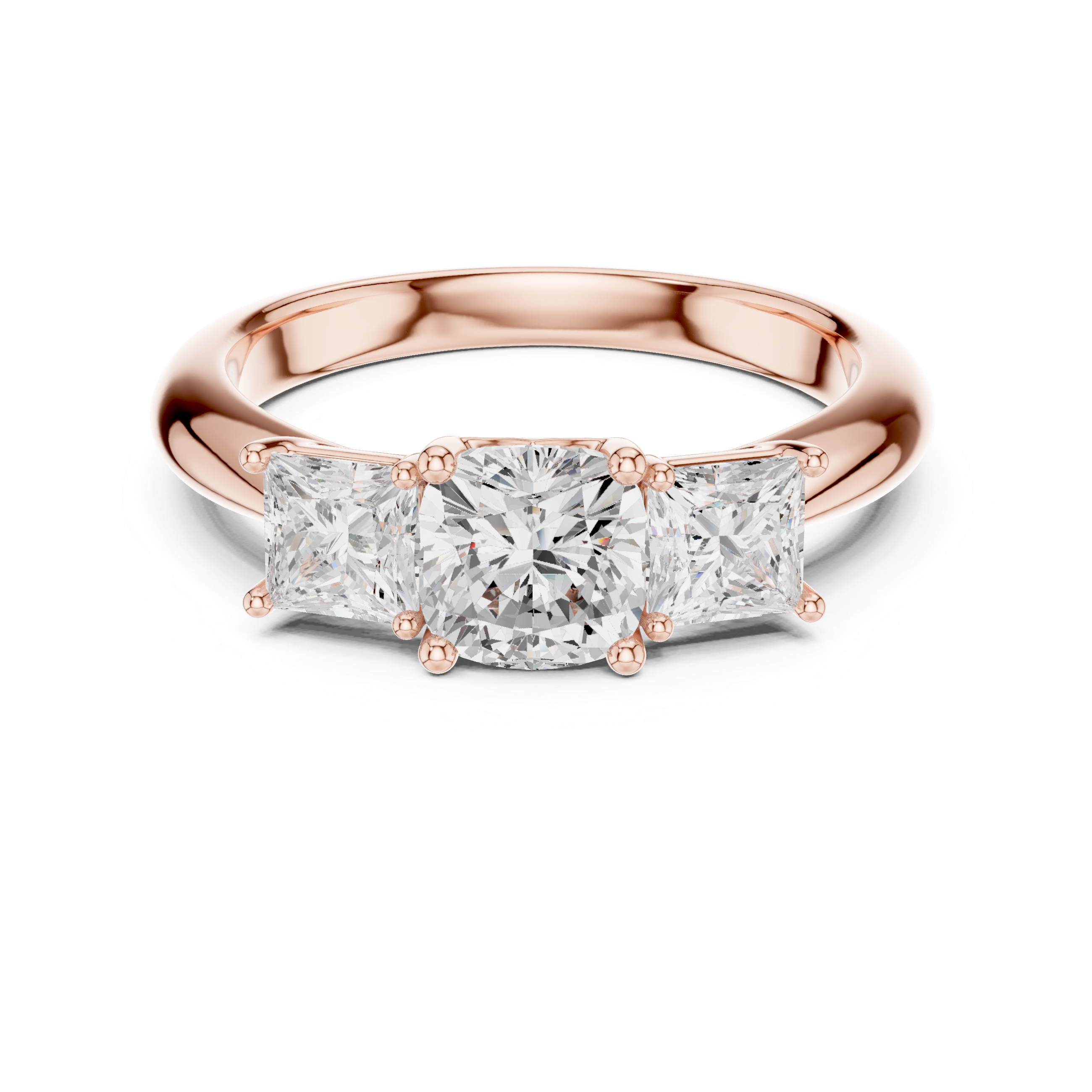 Sparkling Cushion Cut Diamond Three Stone Ring with Princess Cut Side Diamonds close-up accent detail
