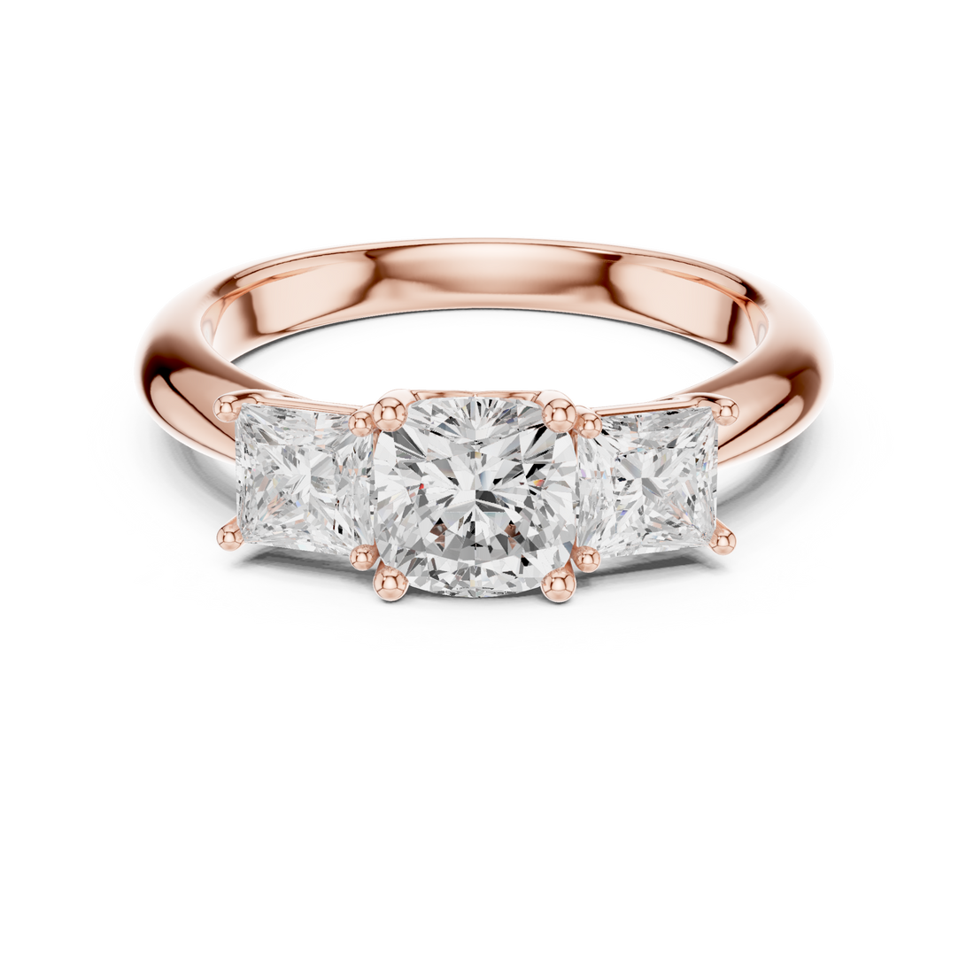 Sparkling Cushion Cut Diamond Three Stone Ring with Princess Cut Side Diamonds close-up accent detail