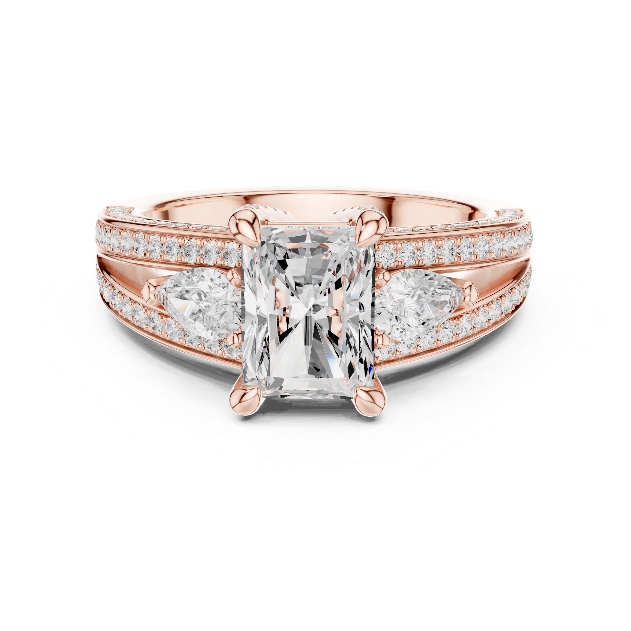Minimalist Style Radiant Cut Diamond Engagement Ring with Pear Side Stones and Pavé Split Band perfect for everyday elegant simple wear