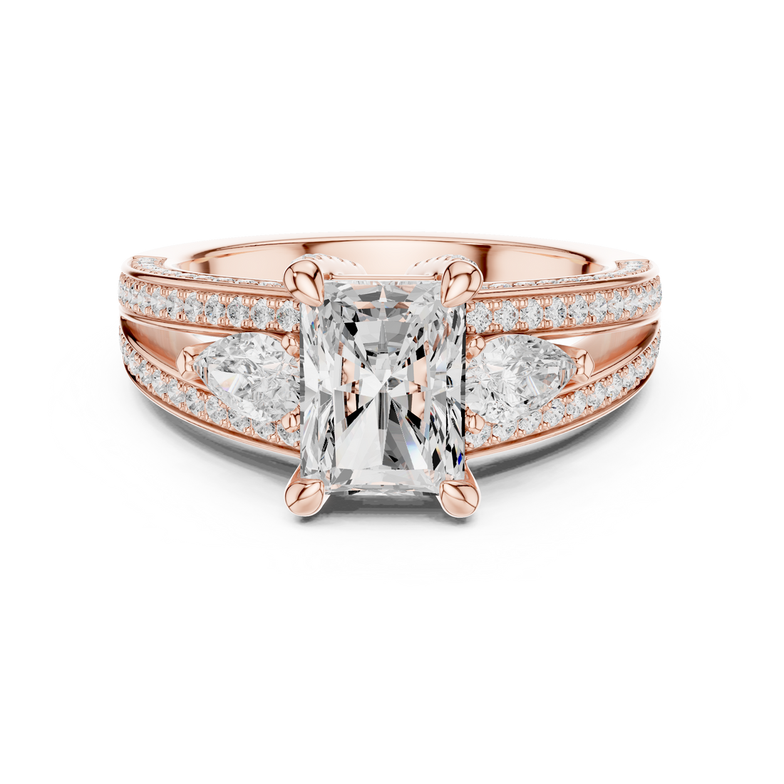 Minimalist Style Radiant Cut Diamond Engagement Ring with Pear Side Stones and Pavé Split Band perfect for everyday elegant simple wear