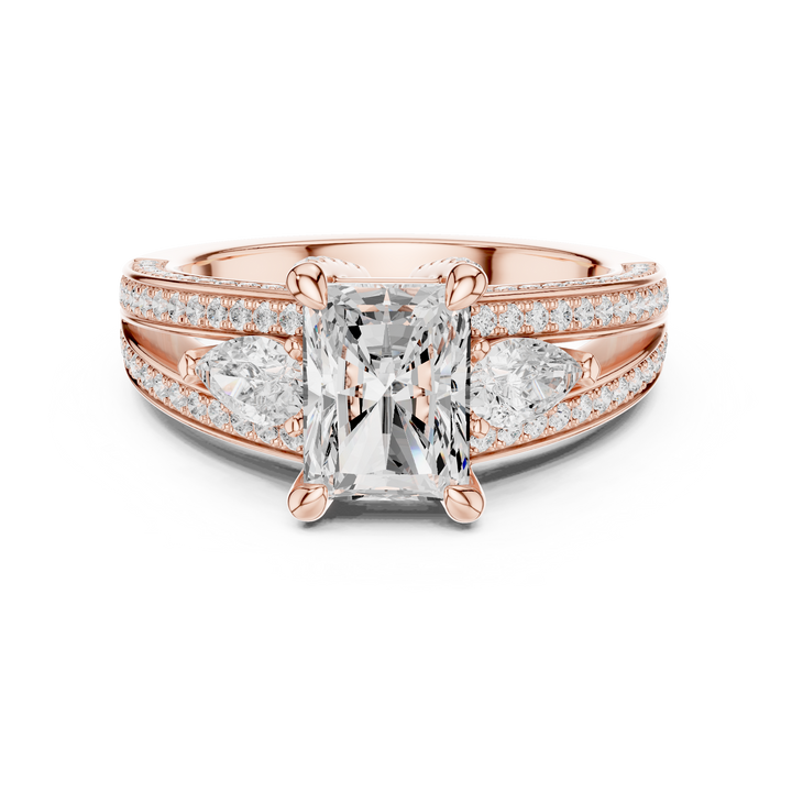 Minimalist Style Radiant Cut Diamond Engagement Ring with Pear Side Stones and Pavé Split Band perfect for everyday elegant simple wear