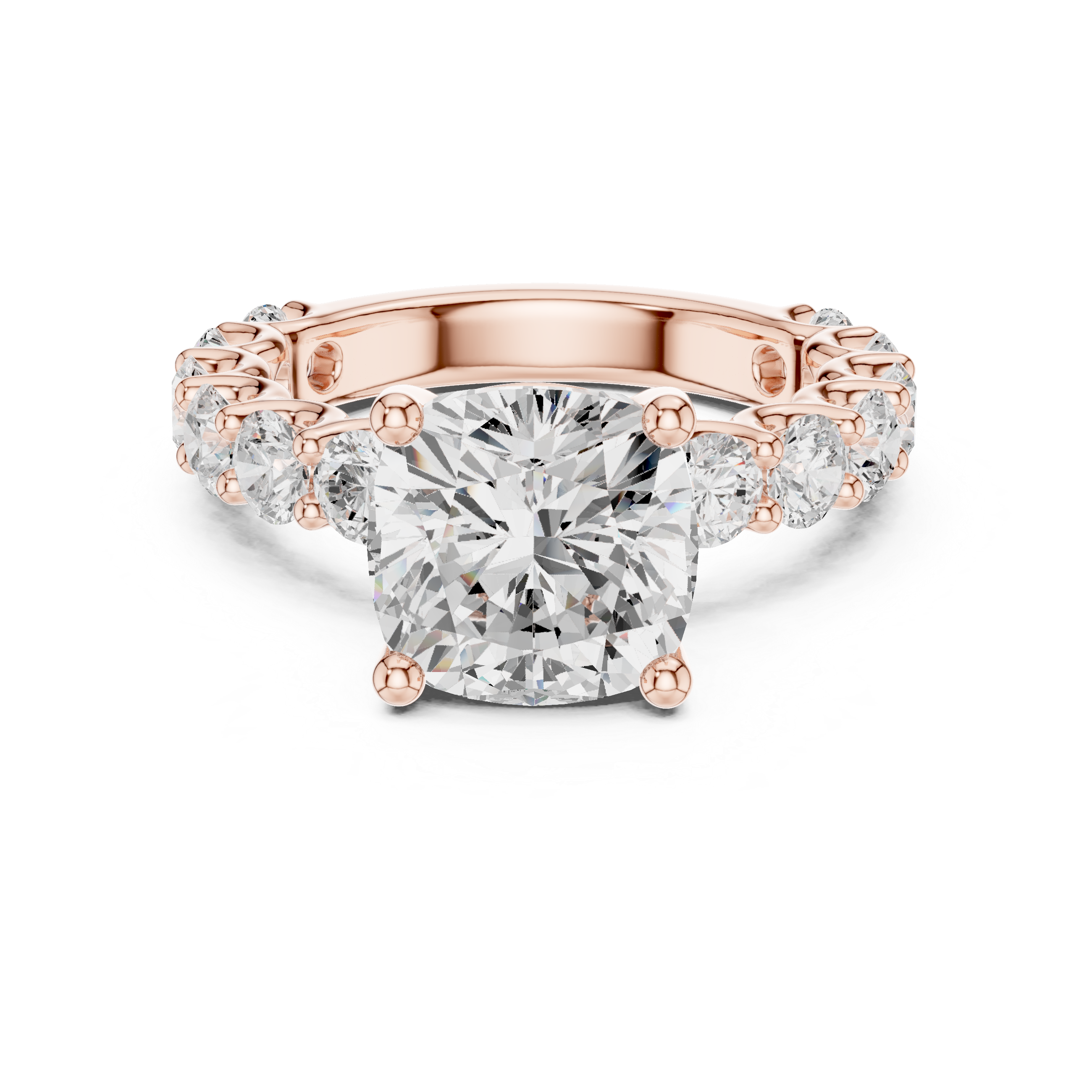 Sparkling Cushion Cut Diamond Engagement Ring with Round Side Stones close-up accent detail