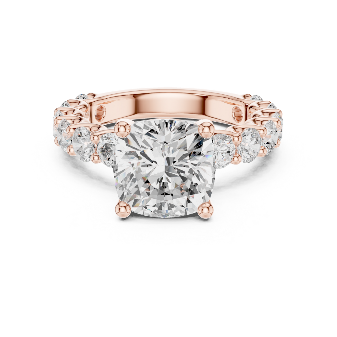 Sparkling Cushion Cut Diamond Engagement Ring with Round Side Stones close-up accent detail