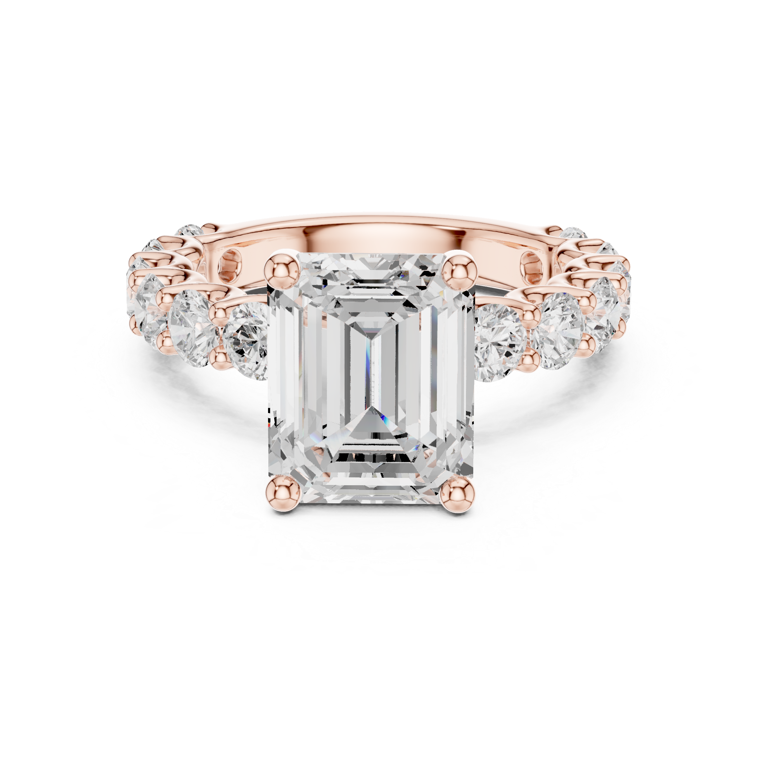 Sparkling Emerald Cut Diamond Engagement Ring with Round Side Stones close-up accent detail