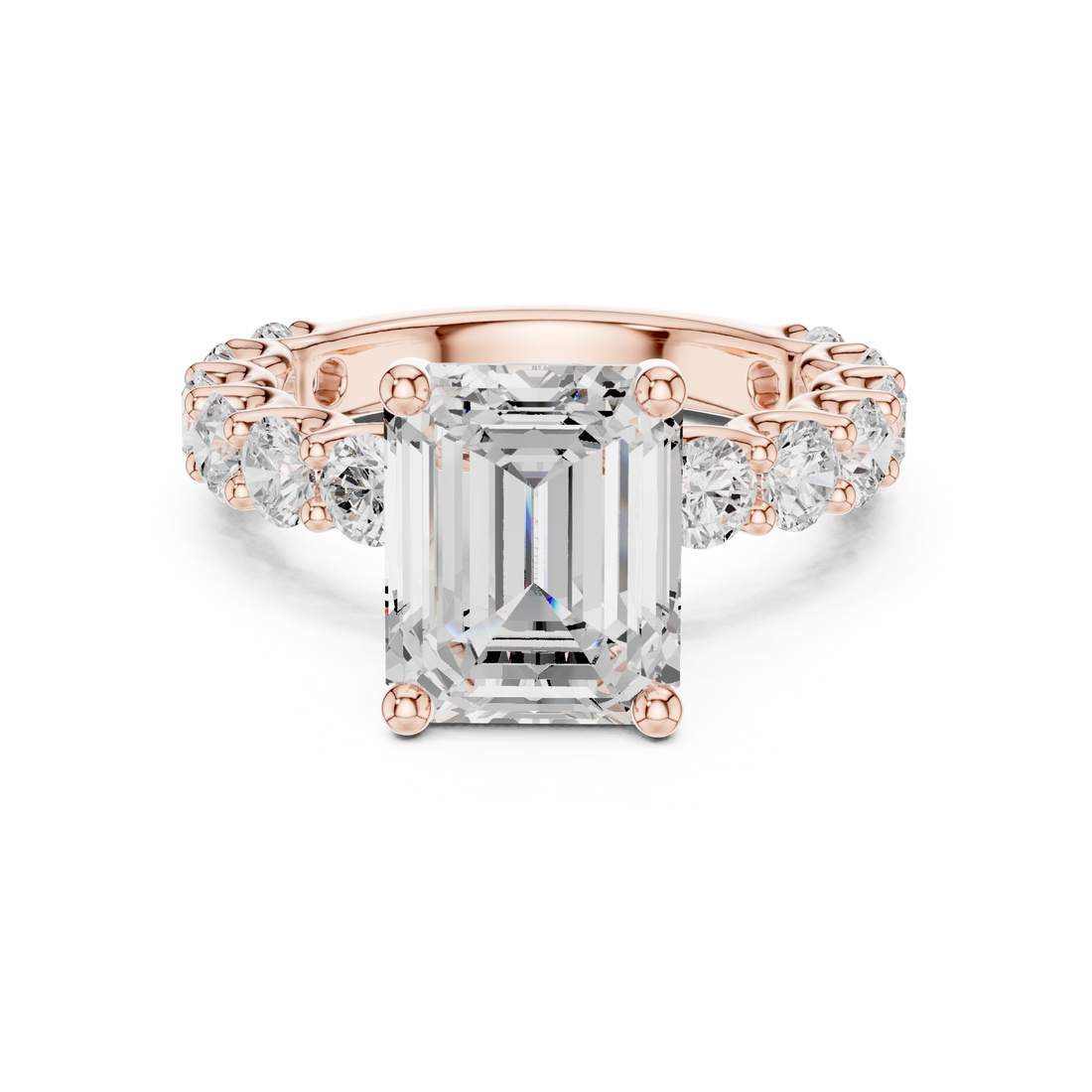 Sparkling Emerald Cut Diamond Engagement Ring with Round Side Stones close-up accent detail