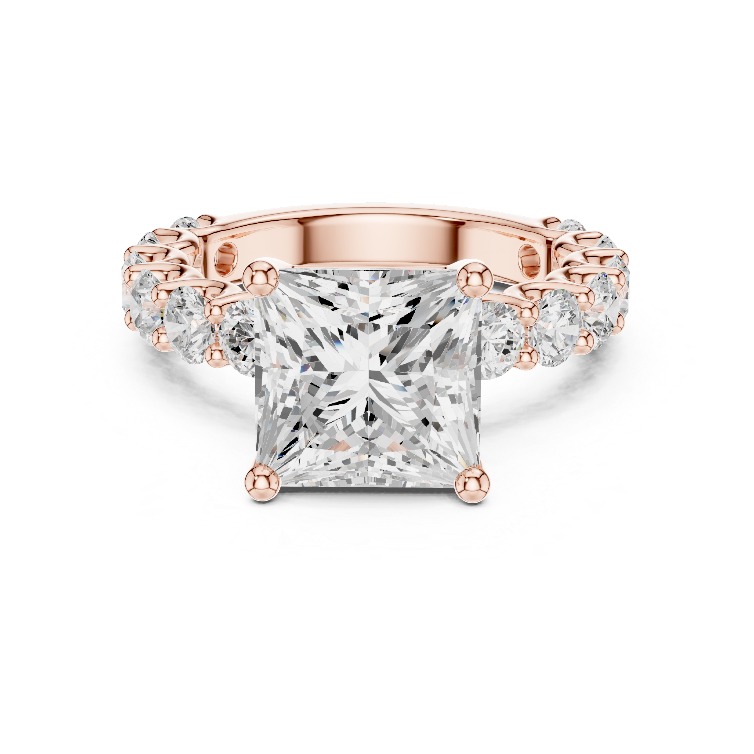 Sparkling Princess Cut Diamond Solitaire Ring with Round Side Stones close-up accent detail