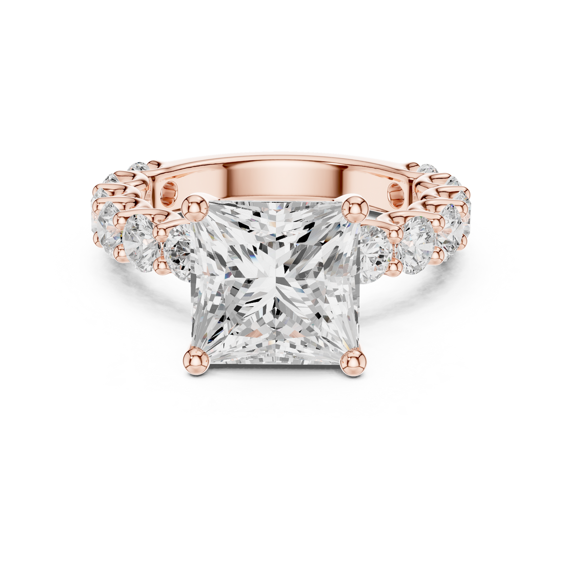 Sparkling Princess Cut Diamond Solitaire Ring with Round Side Stones close-up accent detail