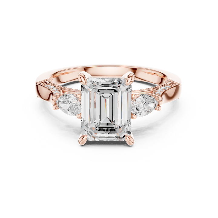 Emerald Cut Diamond Three Stone Engagement Ring with Pear Side Stones and Pavé Band