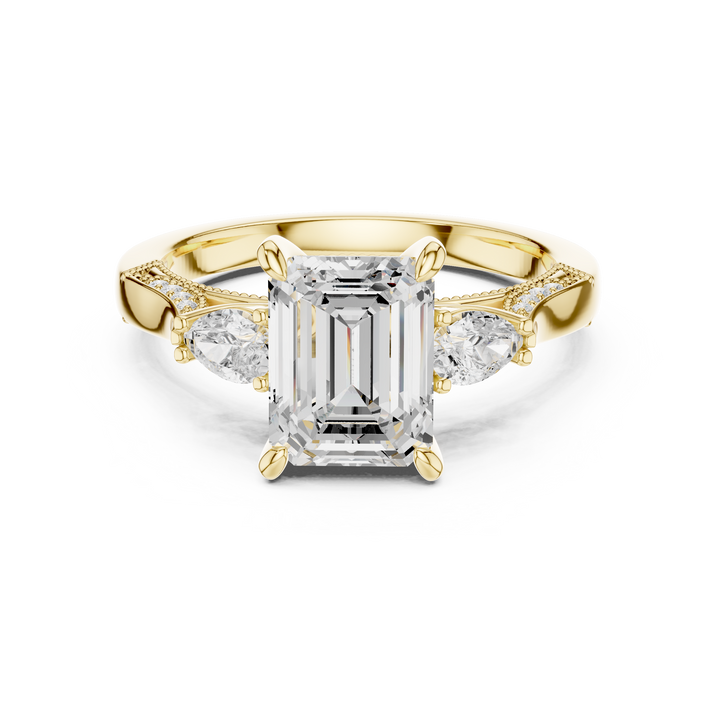 Emerald Cut Diamond Three Stone Engagement Ring with Pear Side Stones and Pavé Band