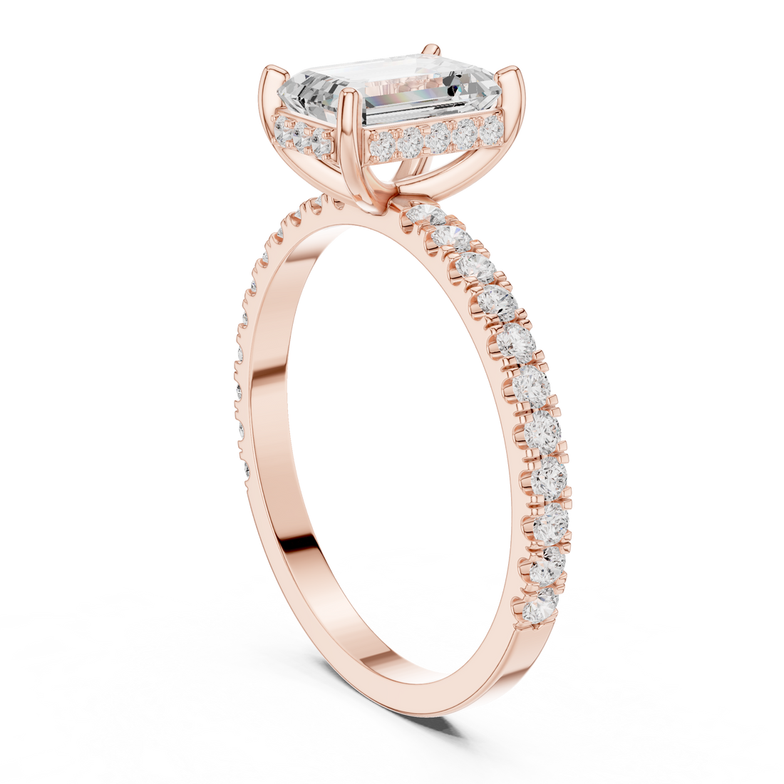 Emerald Cut Diamond Solitaire Ring with Hidden Halo and Pavé Band