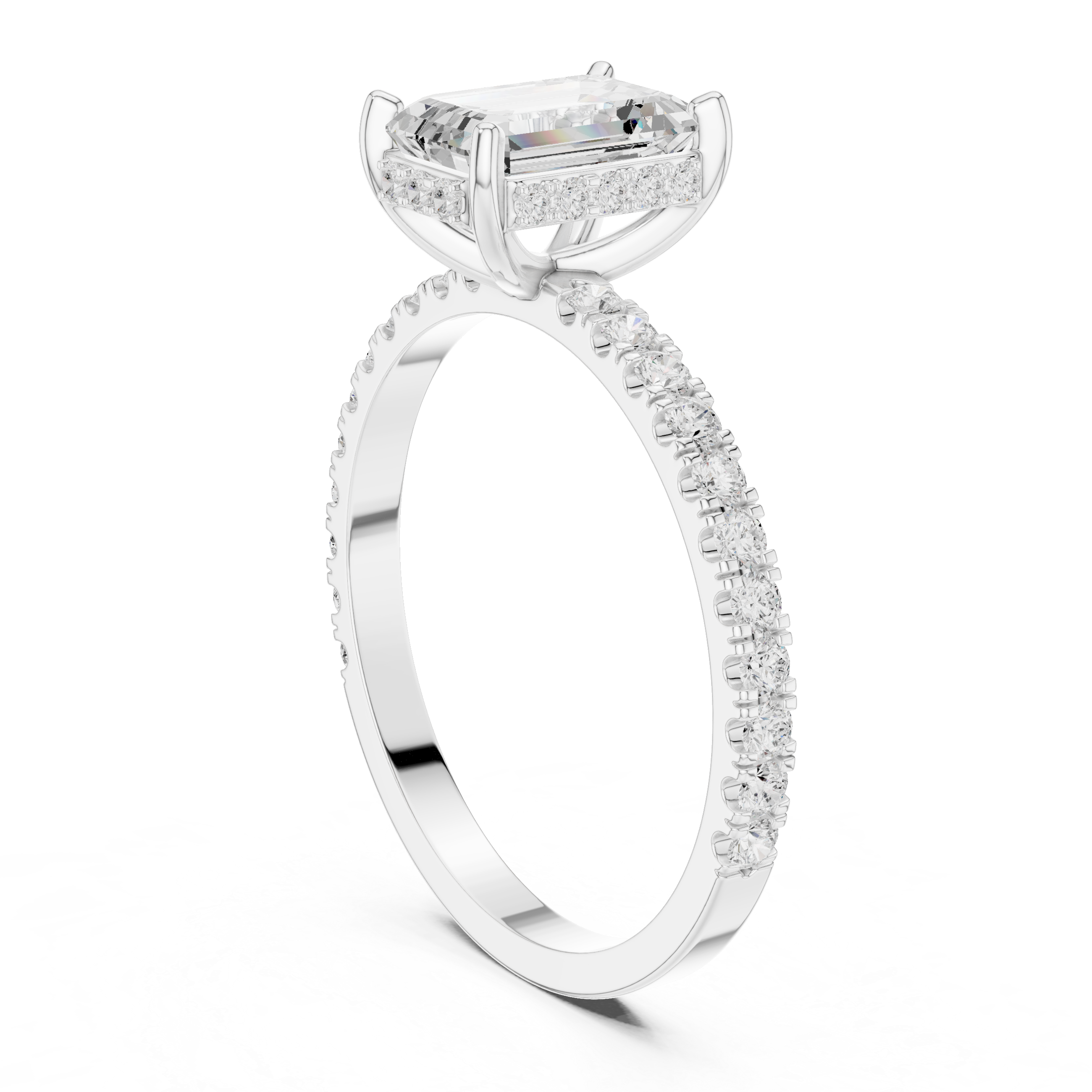 Emerald Cut Diamond Solitaire Ring with Hidden Halo and Pavé Band