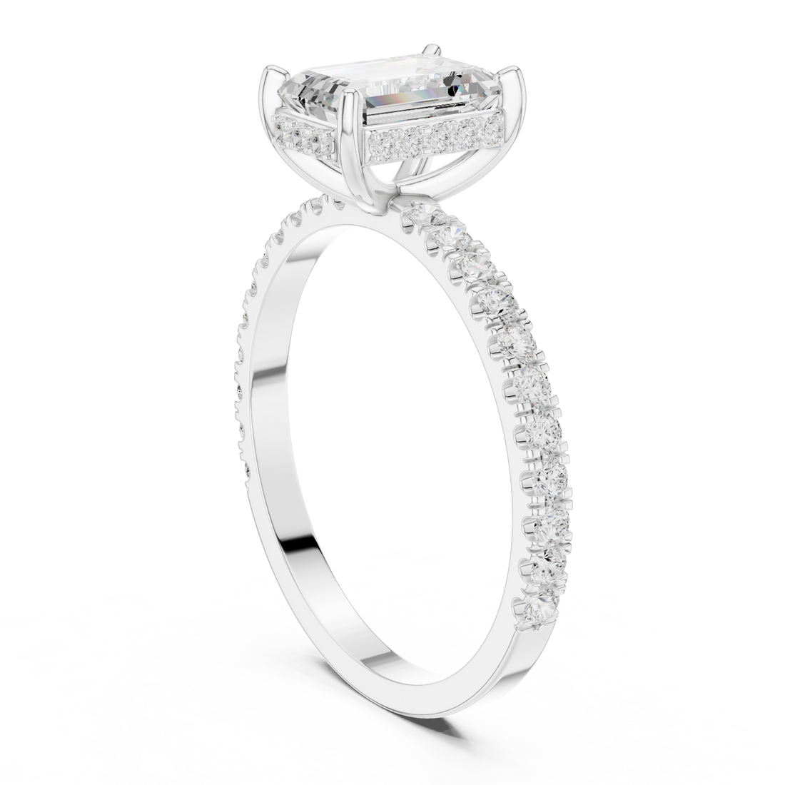 Emerald Cut Diamond Solitaire Ring with Hidden Halo and Pavé Band