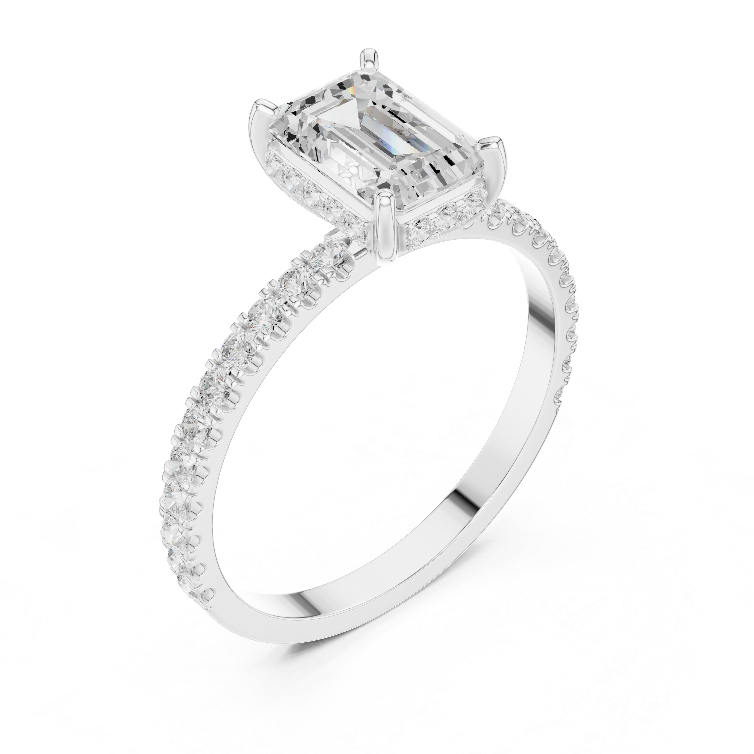 Emerald Cut Diamond Solitaire Ring with Hidden Halo and Pavé Band