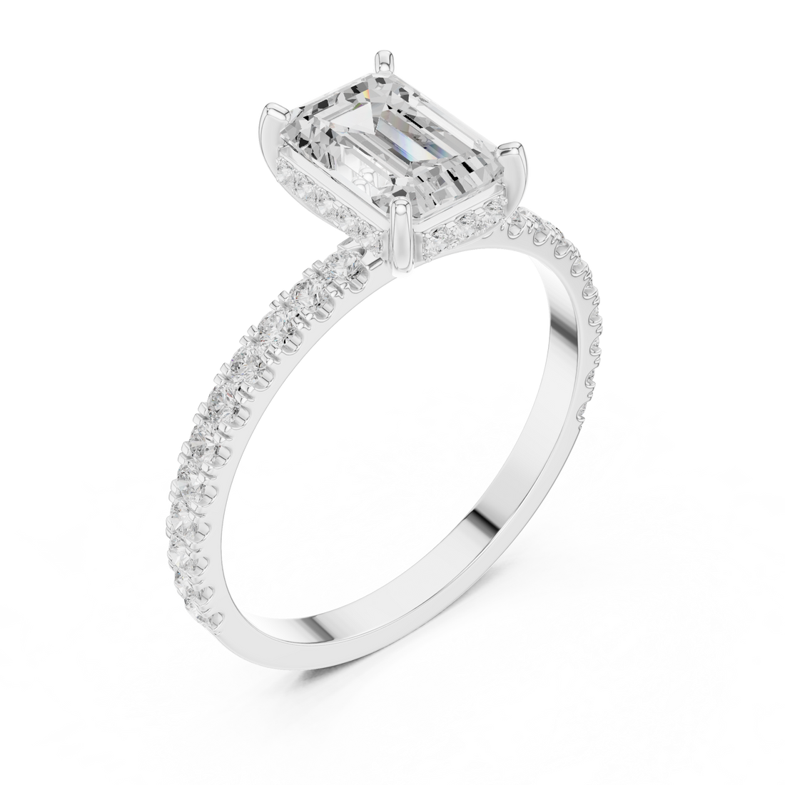 Emerald Cut Diamond Solitaire Ring with Hidden Halo and Pavé Band
