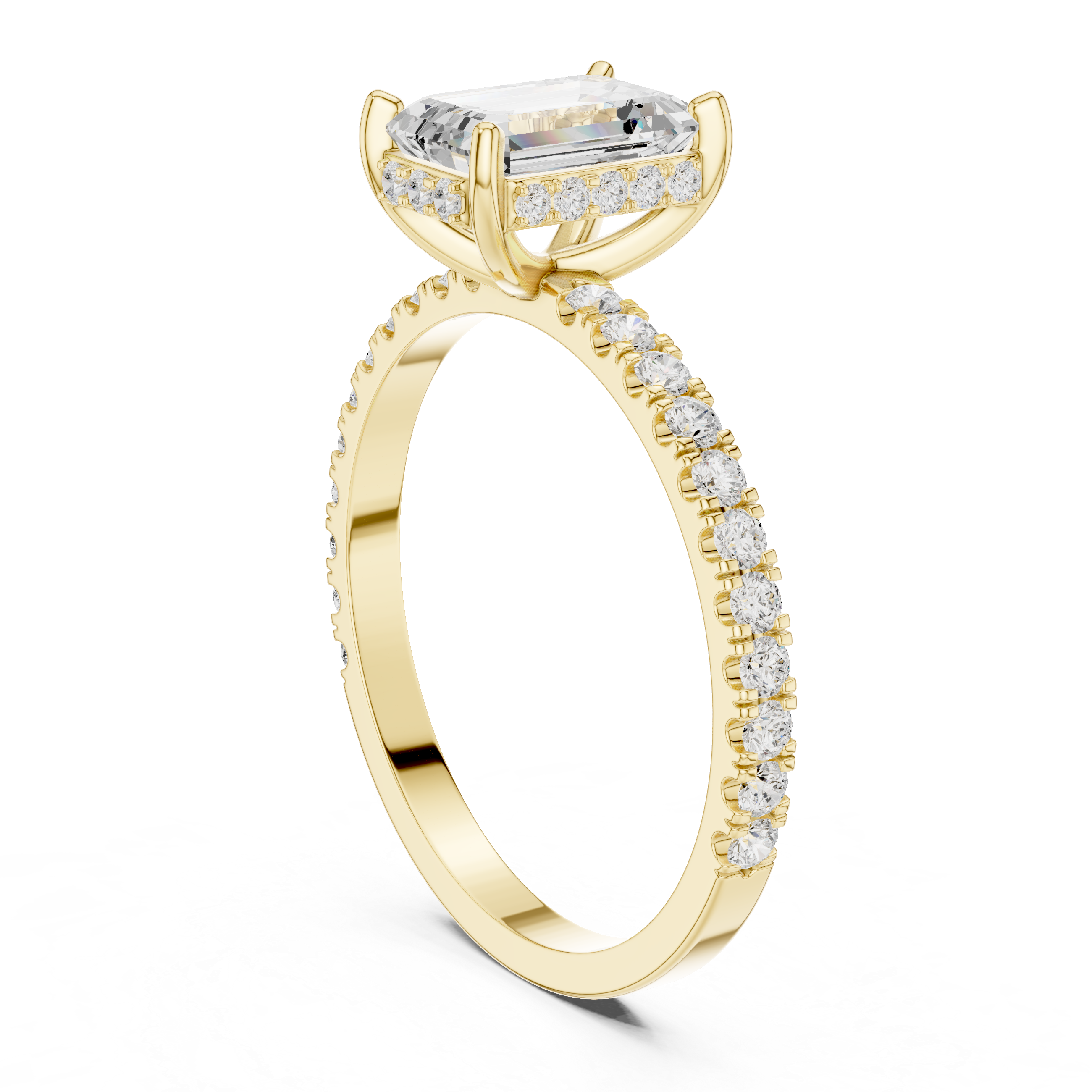 Emerald Cut Diamond Solitaire Ring with Hidden Halo and Pavé Band