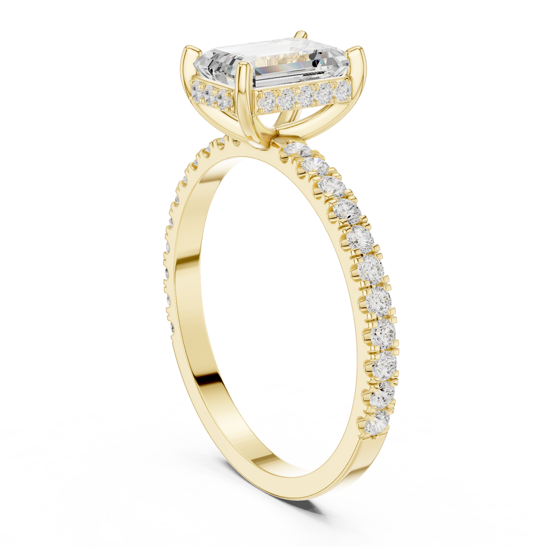 Emerald Cut Diamond Solitaire Ring with Hidden Halo and Pavé Band