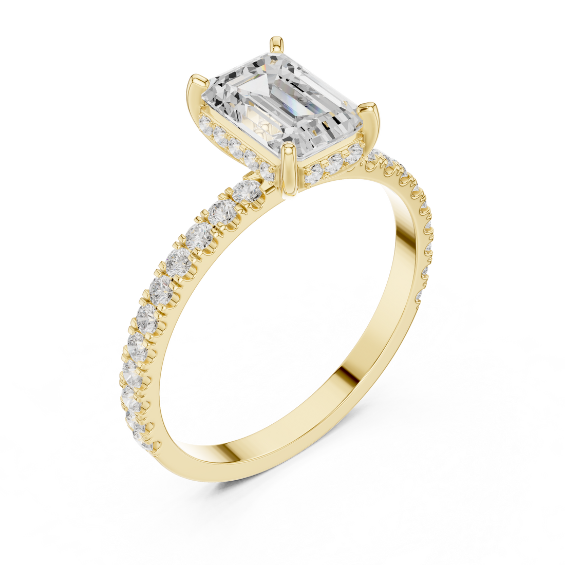 Emerald Cut Diamond Solitaire Ring with Hidden Halo and Pavé Band
